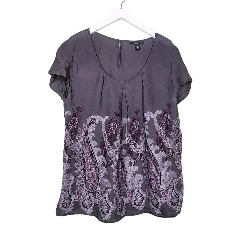 Banana Republic Silk‎ Blouse Short Sleeve Scoop Neck Sheer Y2K Purple Paisley L